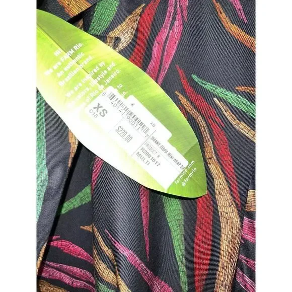 NWT FARM RIO Black Shiny Multicolor Leaf Print Mini Wrap Dress Size XS - Picture 8 of 9